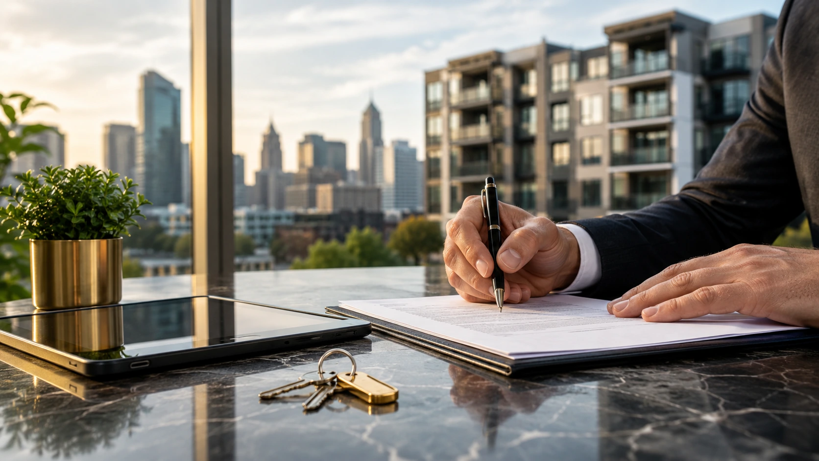 Investment-property loan documents being signed with apartment buildings in view