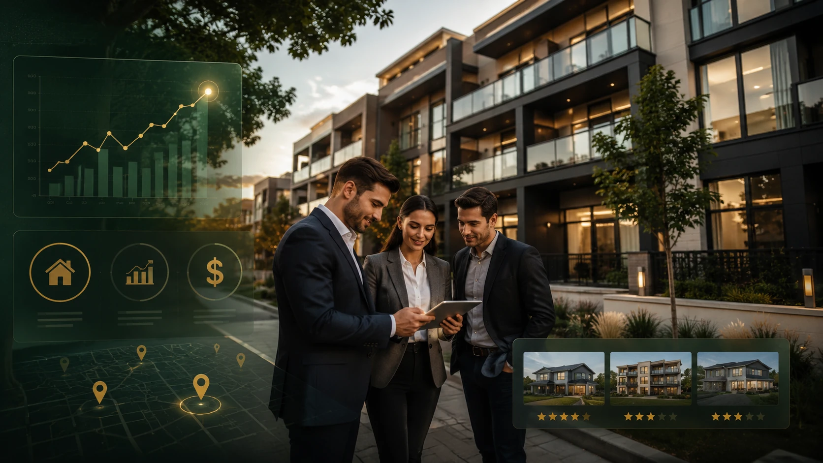 Real estate professionals reviewing a rental-property investment at golden hour