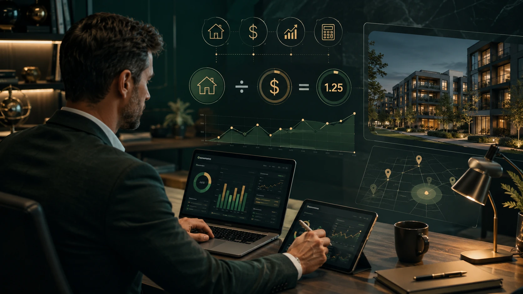 Professional modeling a DSCR rental-property scenario in a modern office
